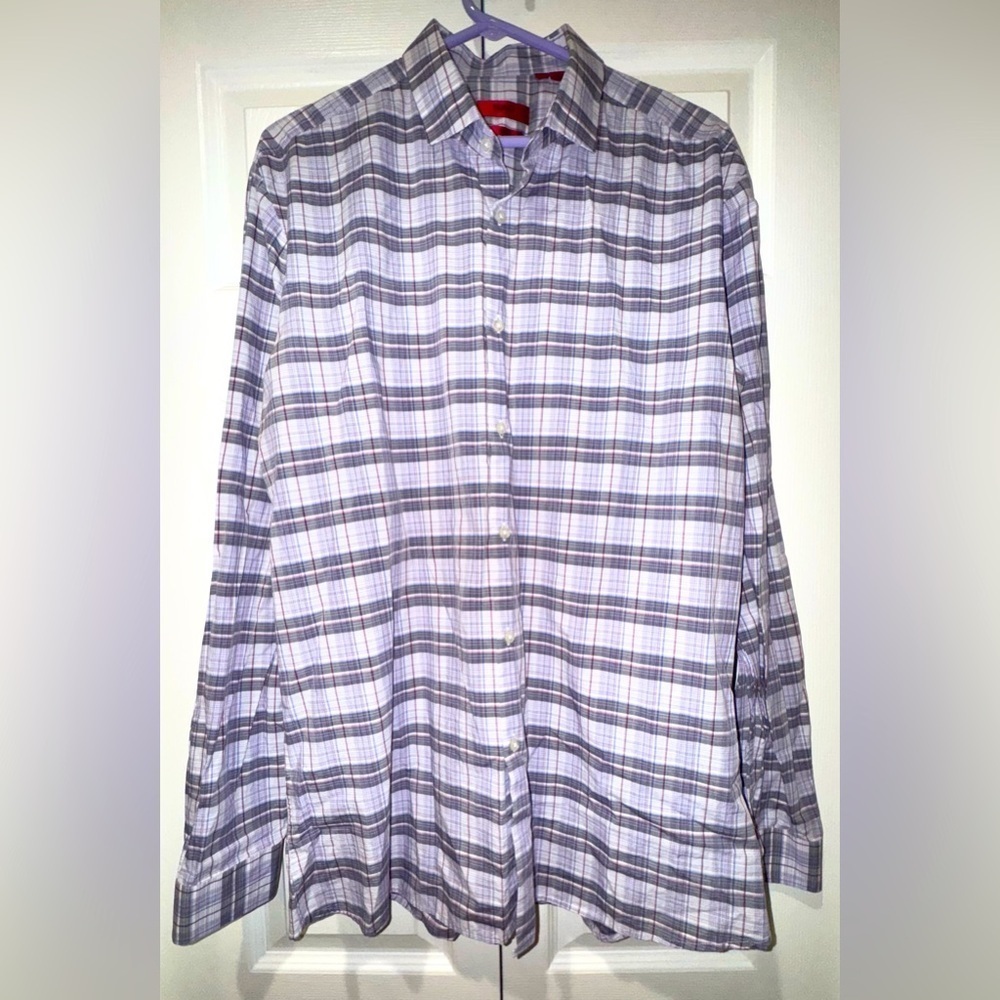 HUGO BOSS Slim Fit Gray Burgundy Plaid Dress Shirt Sz 16 36/37 100% Cotton